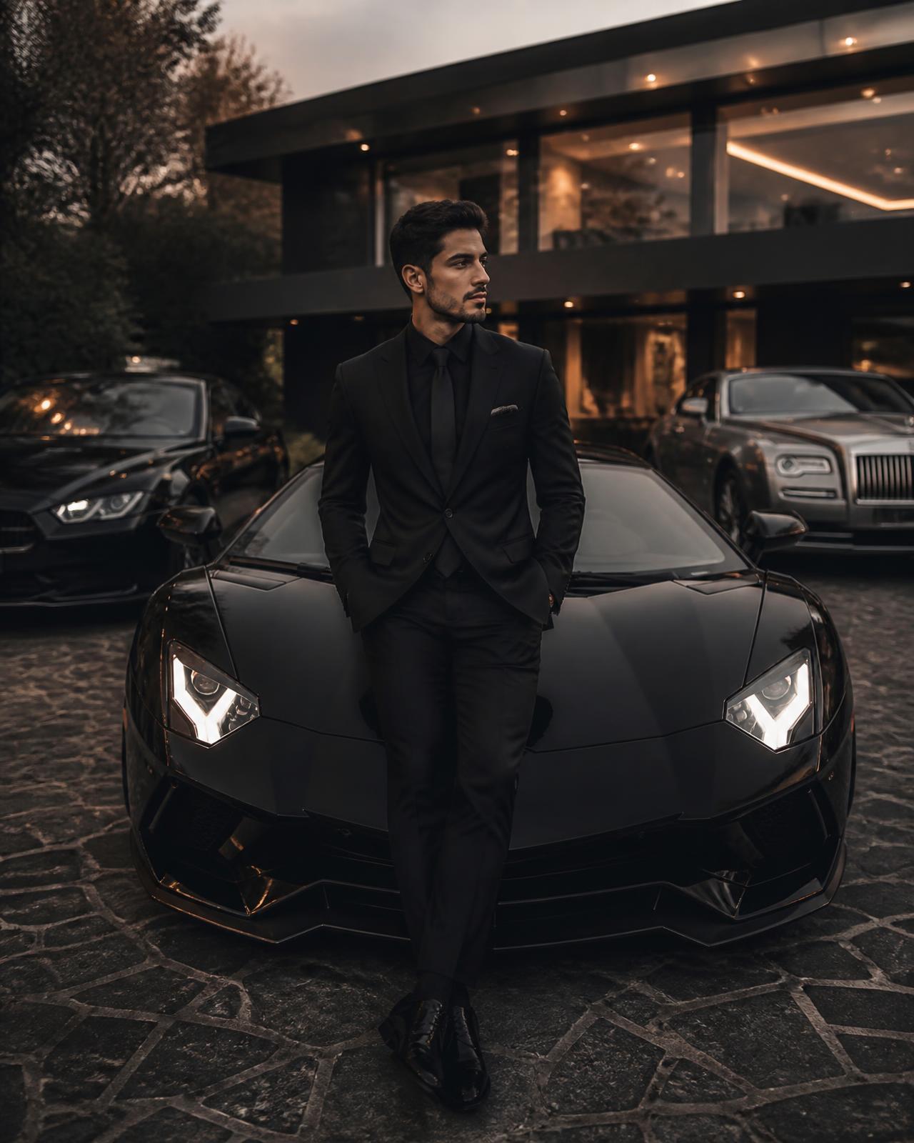 Businessman in a dark suit standing in front of a black Lamborghini and luxury cars